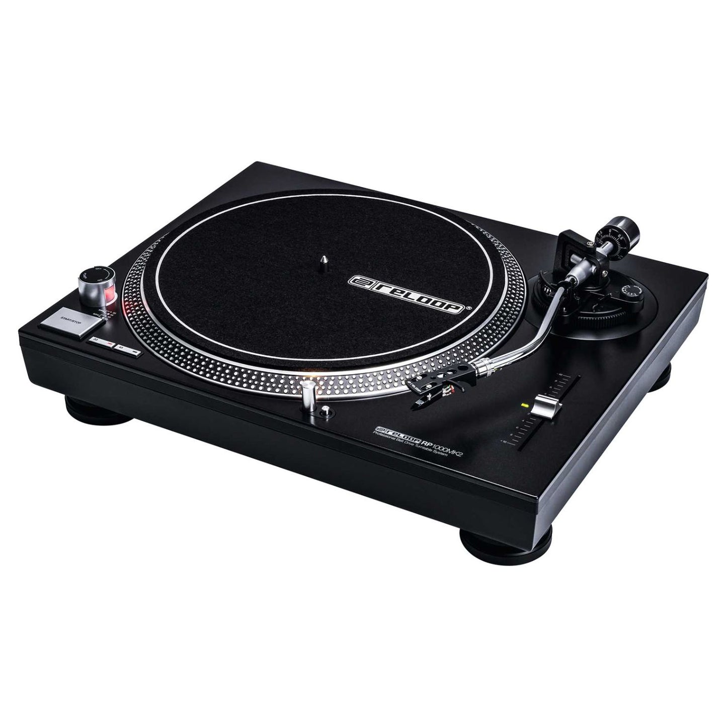 Angled view of Reloop RP-1000 MK2 Belt-Drive Turntable System on white background