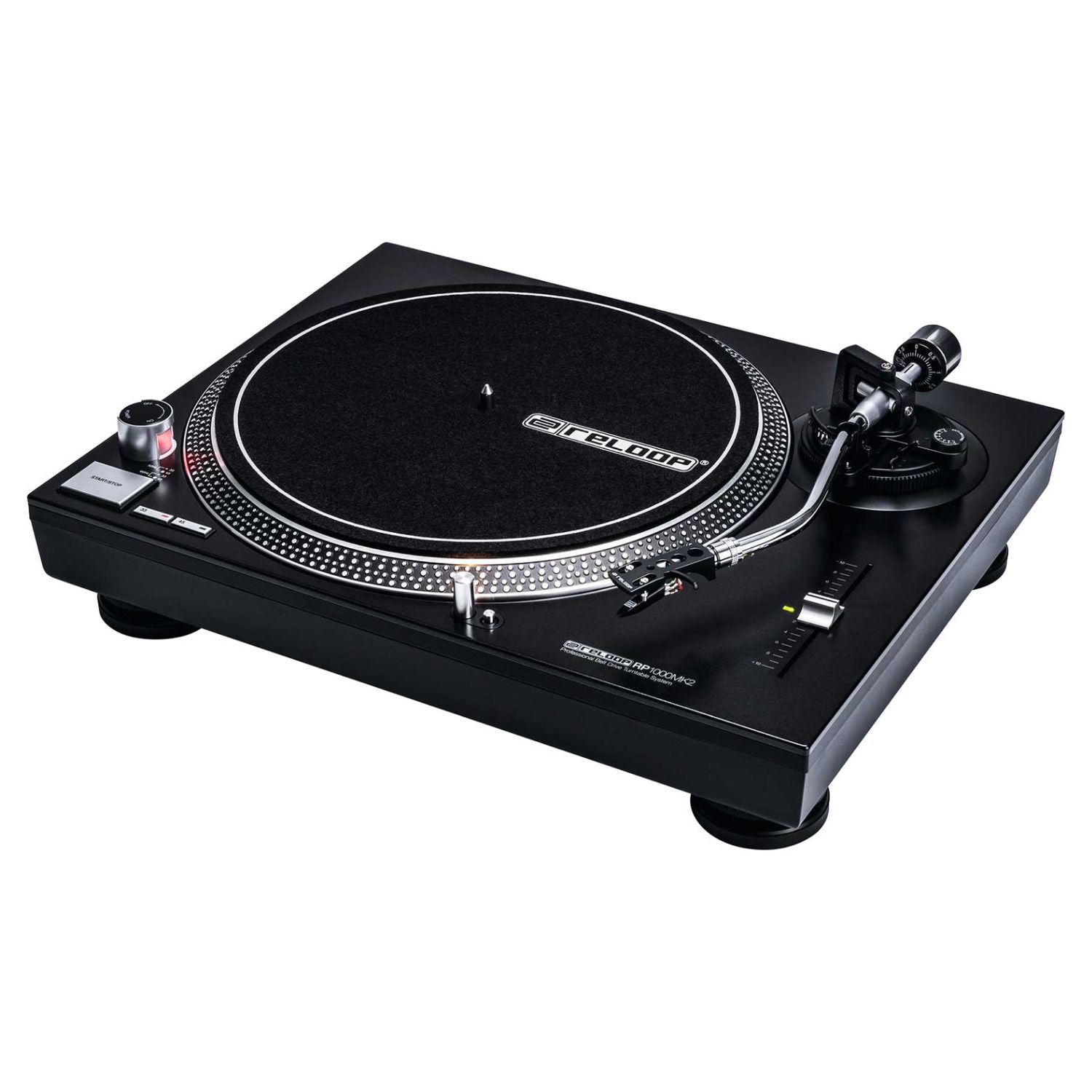 Angled view of Reloop RP-1000 MK2 Belt-Drive Turntable System on white background