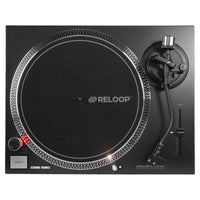 Front view of Reloop RP-2000 MK4 Direct-Drive Turntable System Black on white background
