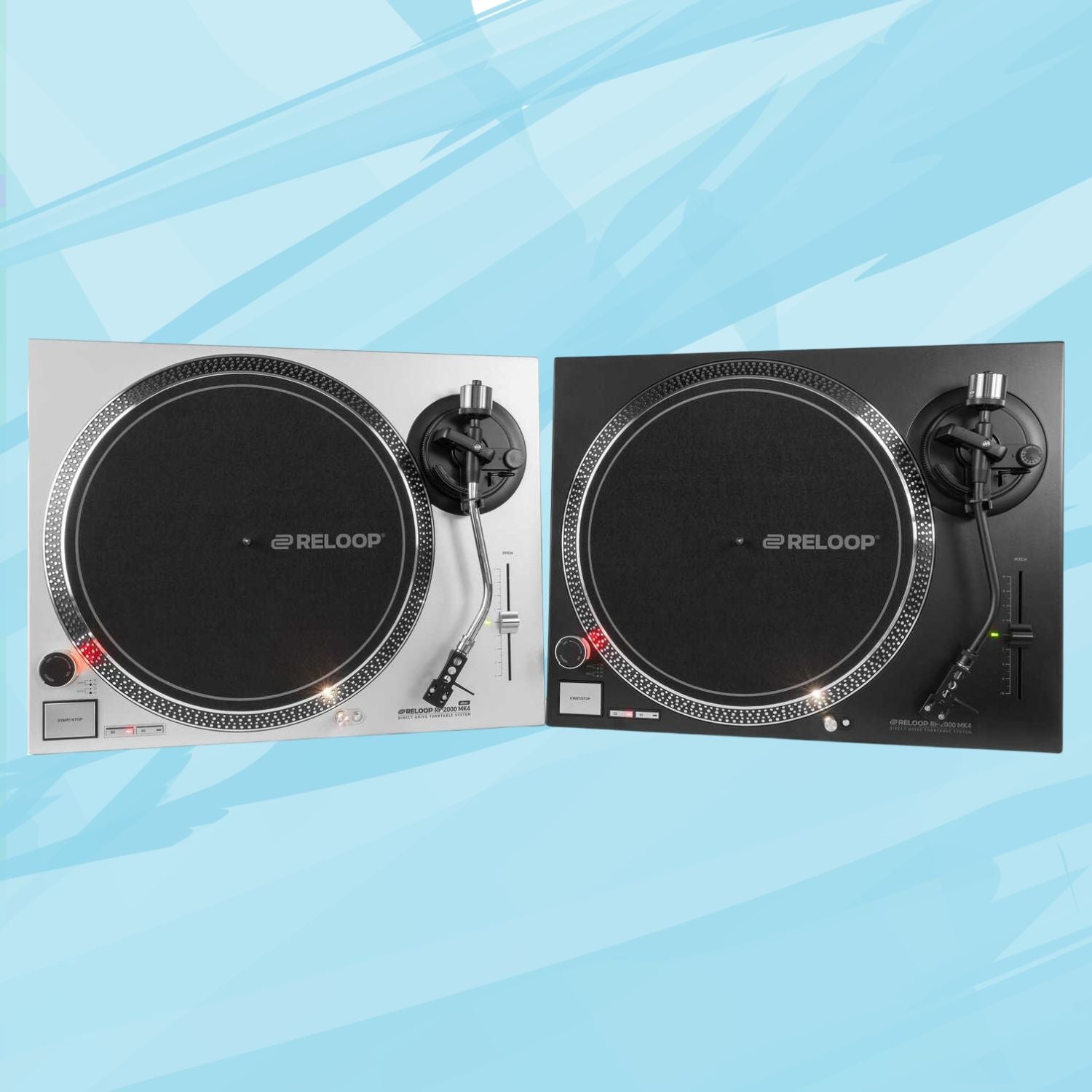 Side by side view of Reloop RP-2000 MK4 Direct-Drive Turntable System Silver and Black on blue background