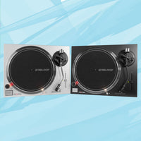 Side by side view of Reloop RP-2000 MK4 Direct-Drive Turntable System Silver and Black on blue background