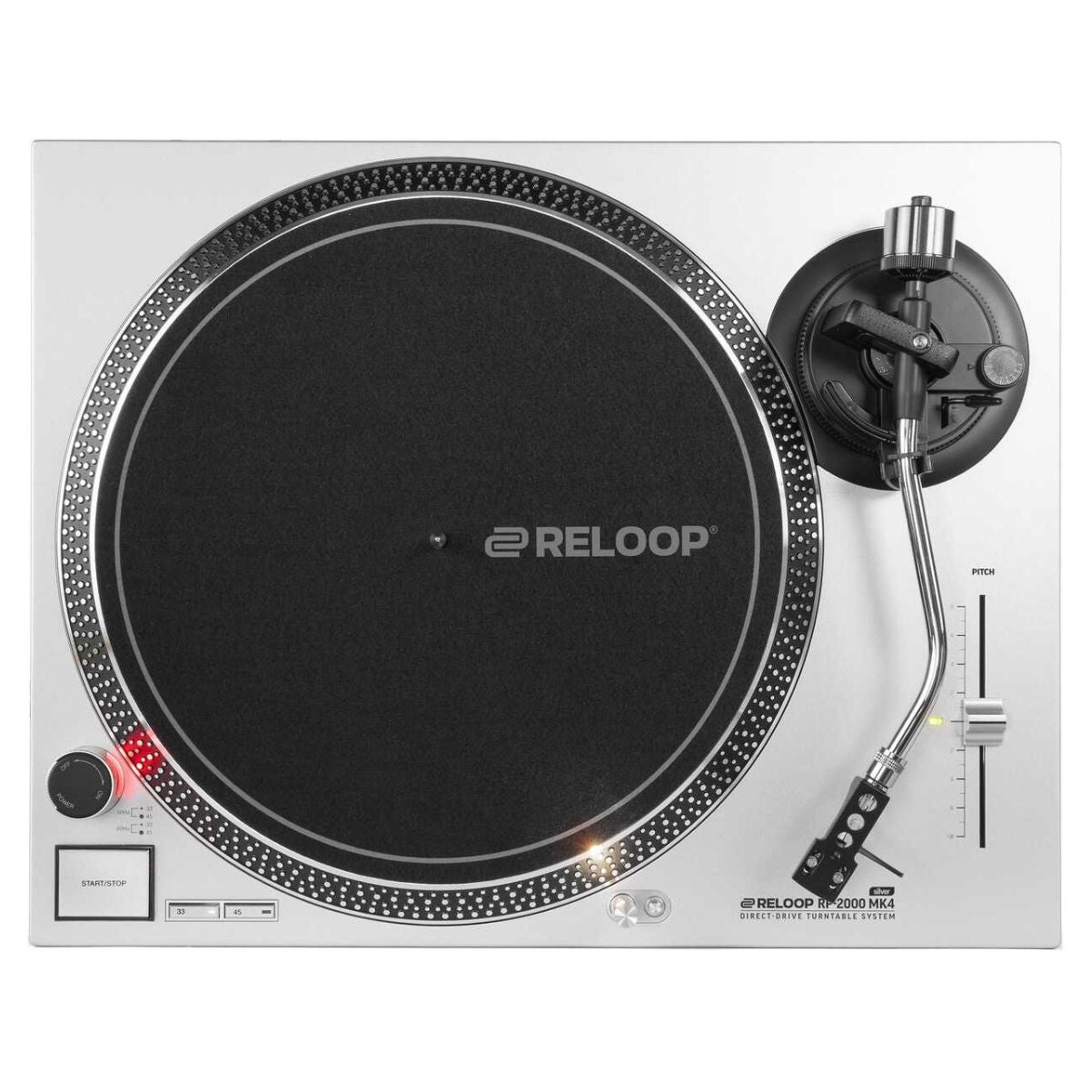 Front view of Reloop RP-2000 MK4 Direct-Drive Turntable System Silver on white background