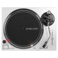 Front view of Reloop RP-2000 MK4 Direct-Drive Turntable System Silver on white background