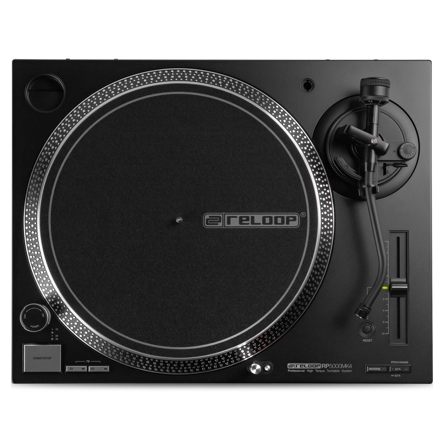 Front view of Reloop RP-5000 MK4 Professional High-Torque Turntable System on white background