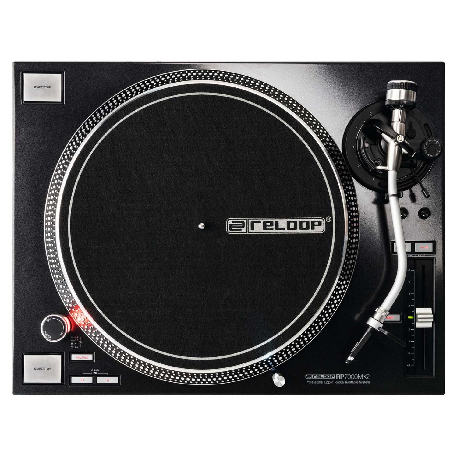 Front view of Reloop RP-7000 MK2 Professional Upper Torque Turntable System Black on white background