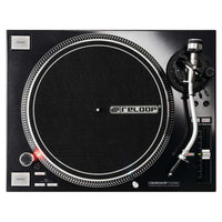 Front view of Reloop RP-7000 MK2 Professional Upper Torque Turntable System Black on white background