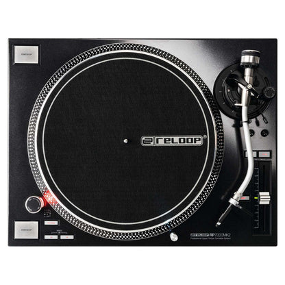 Front view of Reloop RP-7000 MK2 Professional Upper Torque Turntable System Black on white background
