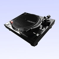 Angled view of Reloop RP-7000 MK2 Professional Upper Torque Turntable System Black on purple background