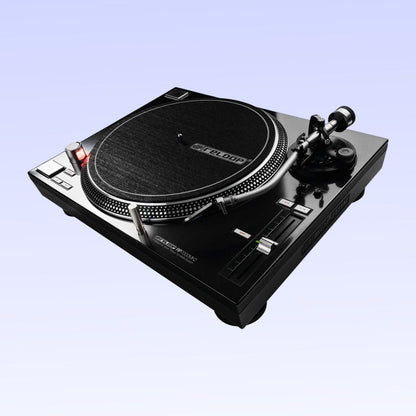 Angled view of Reloop RP-7000 MK2 Professional Upper Torque Turntable System Black on purple background