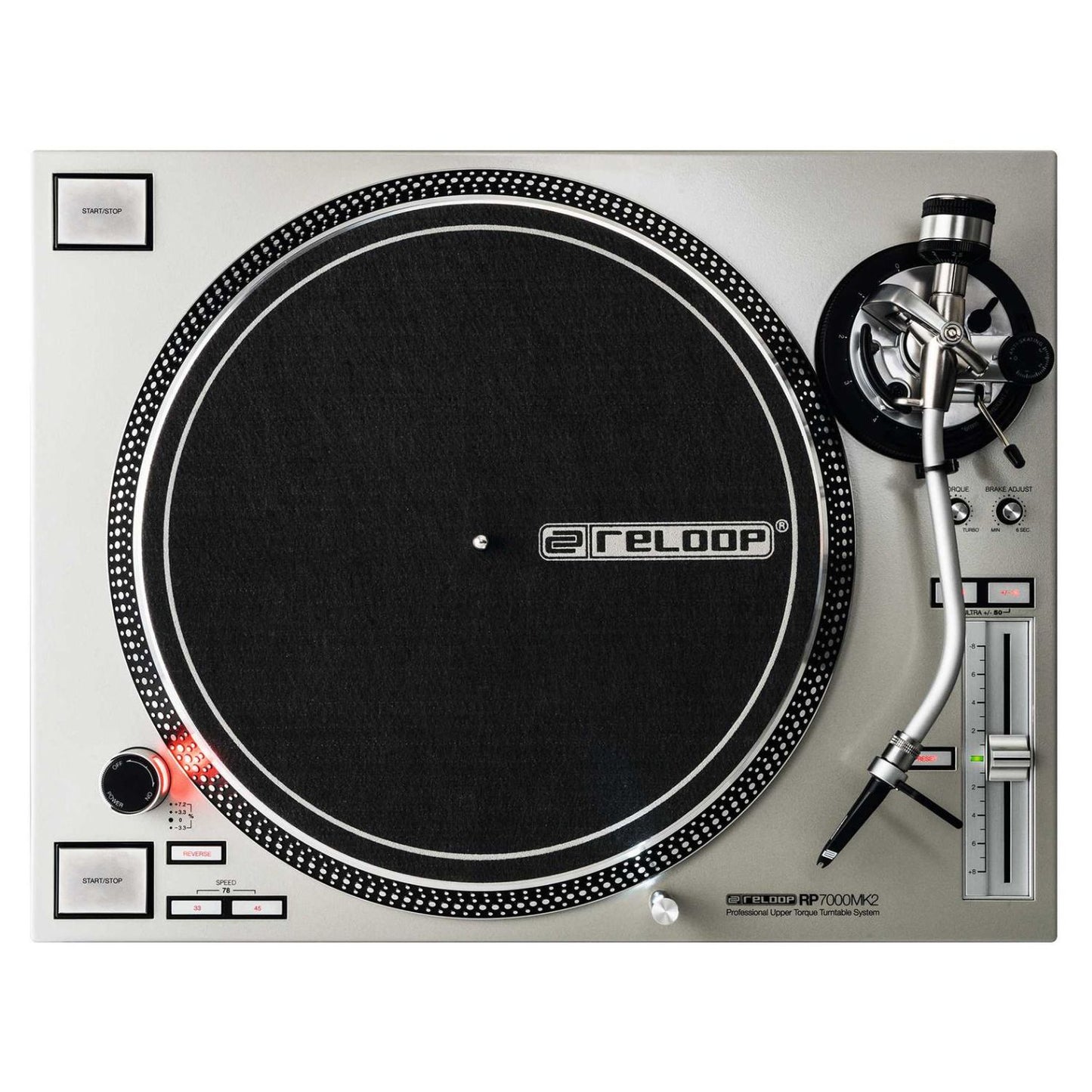 Front view of Reloop RP-7000 MK2 Professional Upper Torque Turntable System Silver on white background