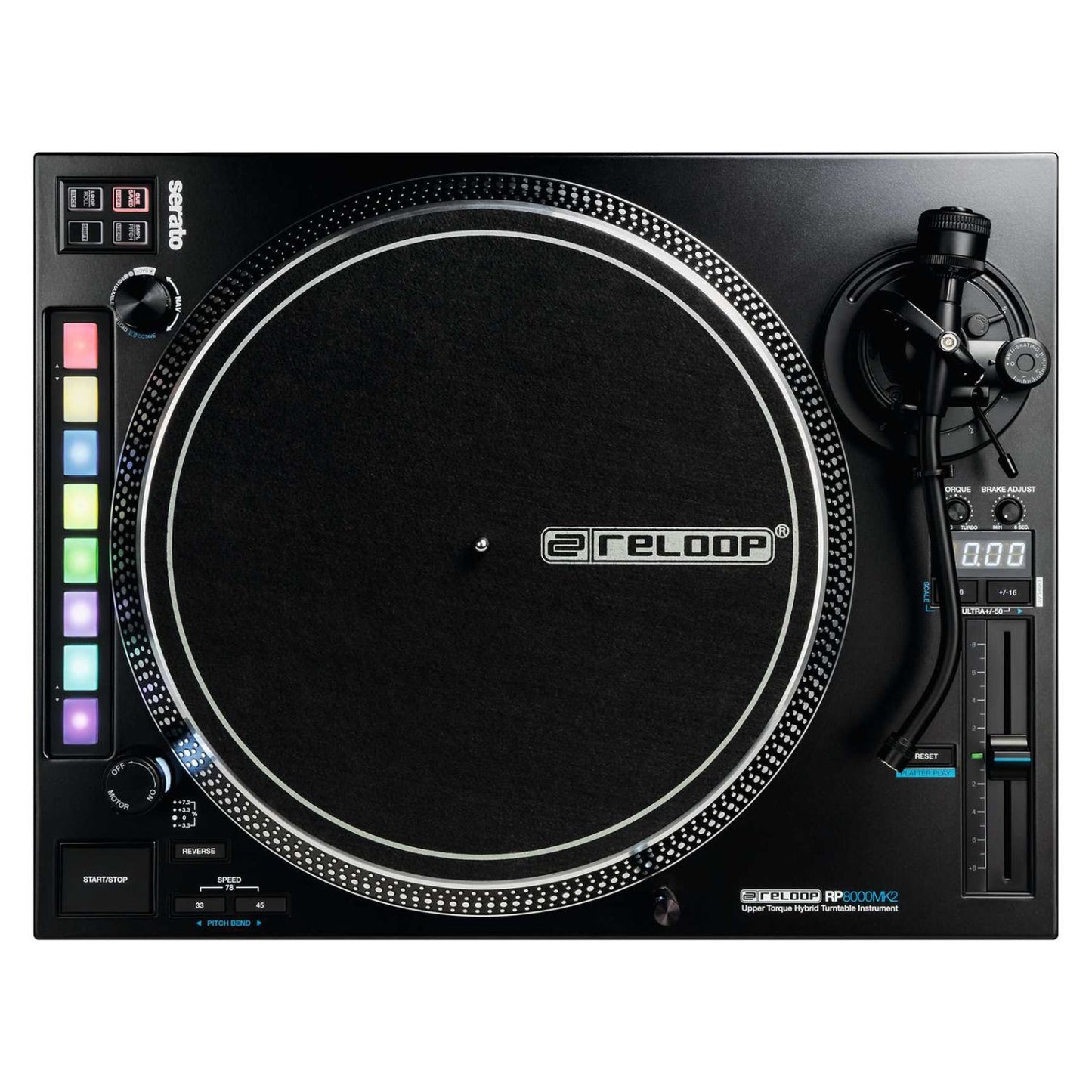 Front view of Reloop RP-8000 MK2 Upper Torque Hybrid Turntable Instrument on white background