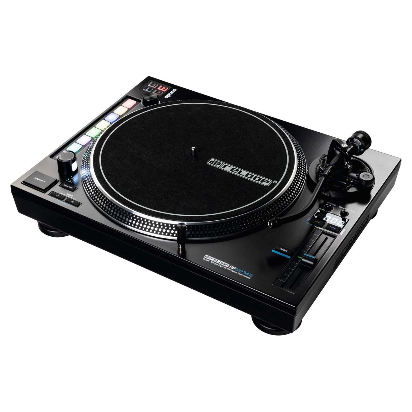 Angled view of Reloop RP-8000 MK2 Upper Torque Hybrid Turntable Instrument on white background