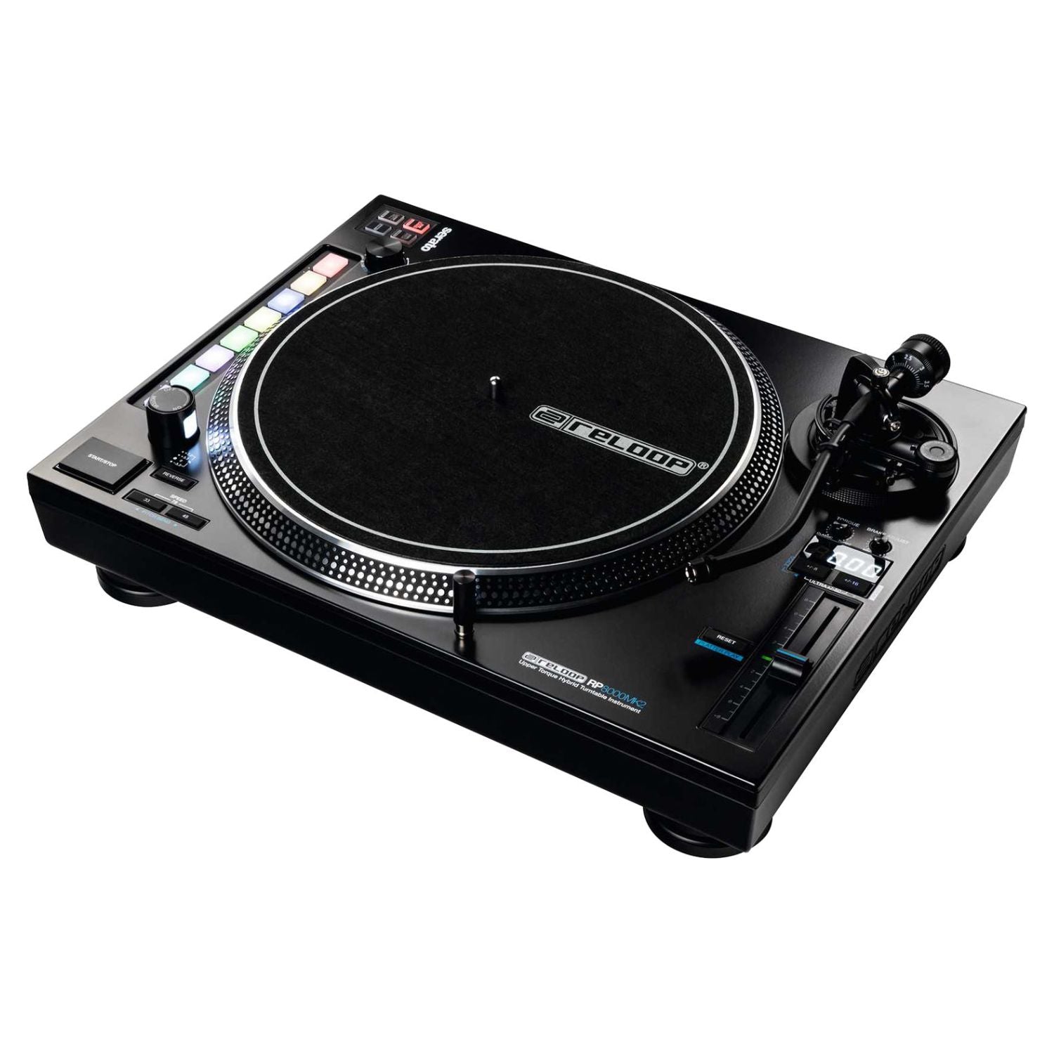 Angled view of Reloop RP-8000 MK2 Upper Torque Hybrid Turntable Instrument on white background