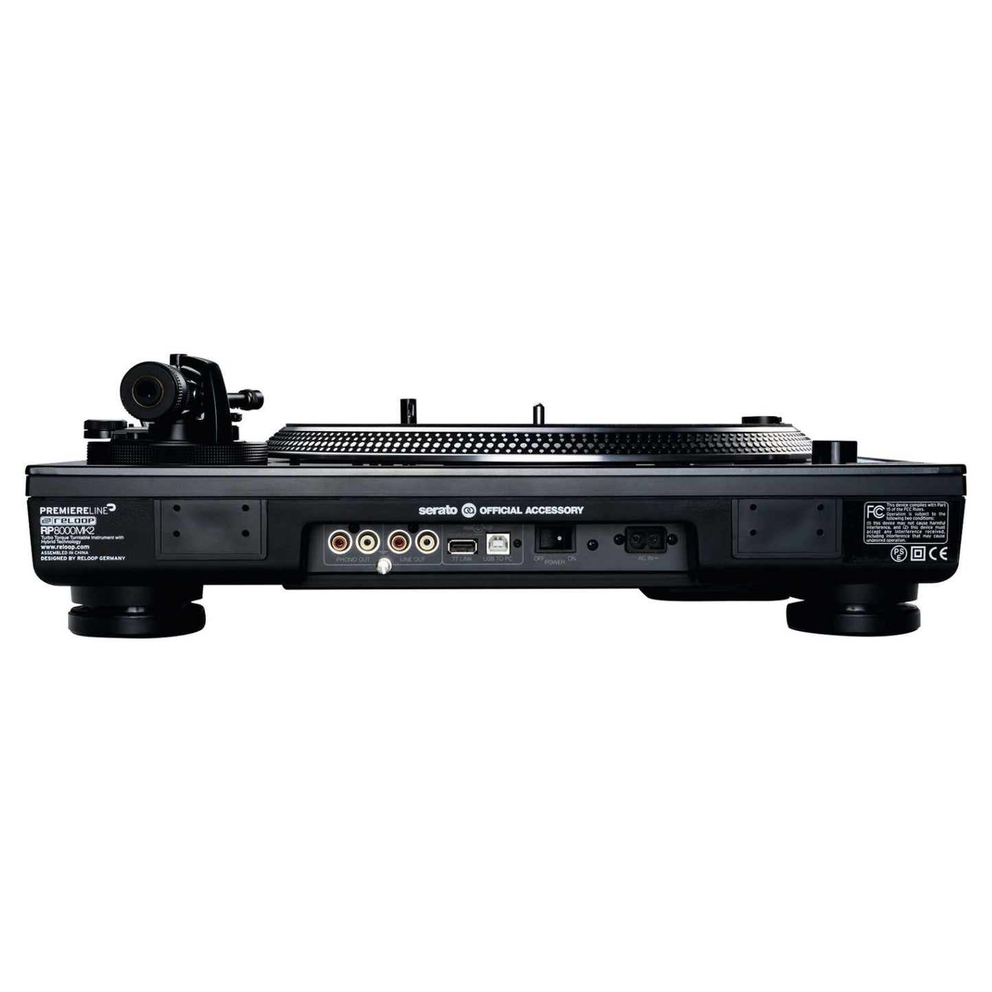 Top ports view of Reloop RP-8000 MK2 Upper Torque Hybrid Turntable Instrument on white background