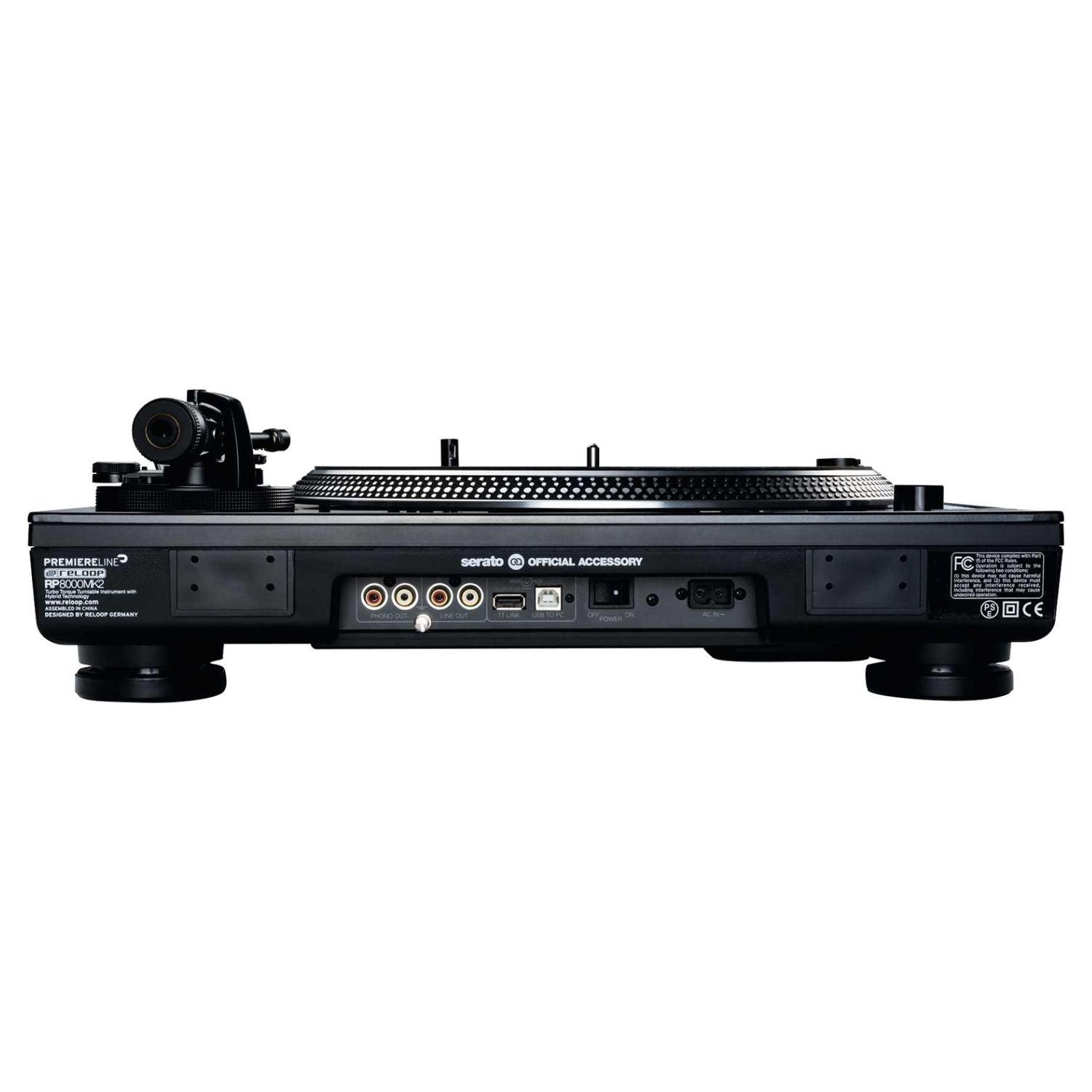 Top ports view of Reloop RP-8000 MK2 Upper Torque Hybrid Turntable Instrument on white background
