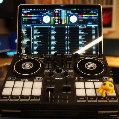 Front view of Reloop Ready Portable Performance Controller for Serato with iPad mounted in studio