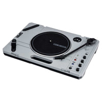 Angled view of Reloop SPiN Portable Turntable System on white background