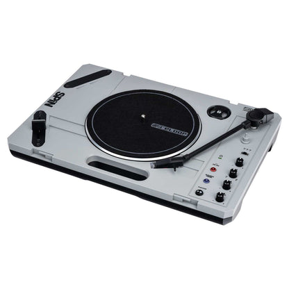 Angled view of Reloop SPiN Portable Turntable System on white background