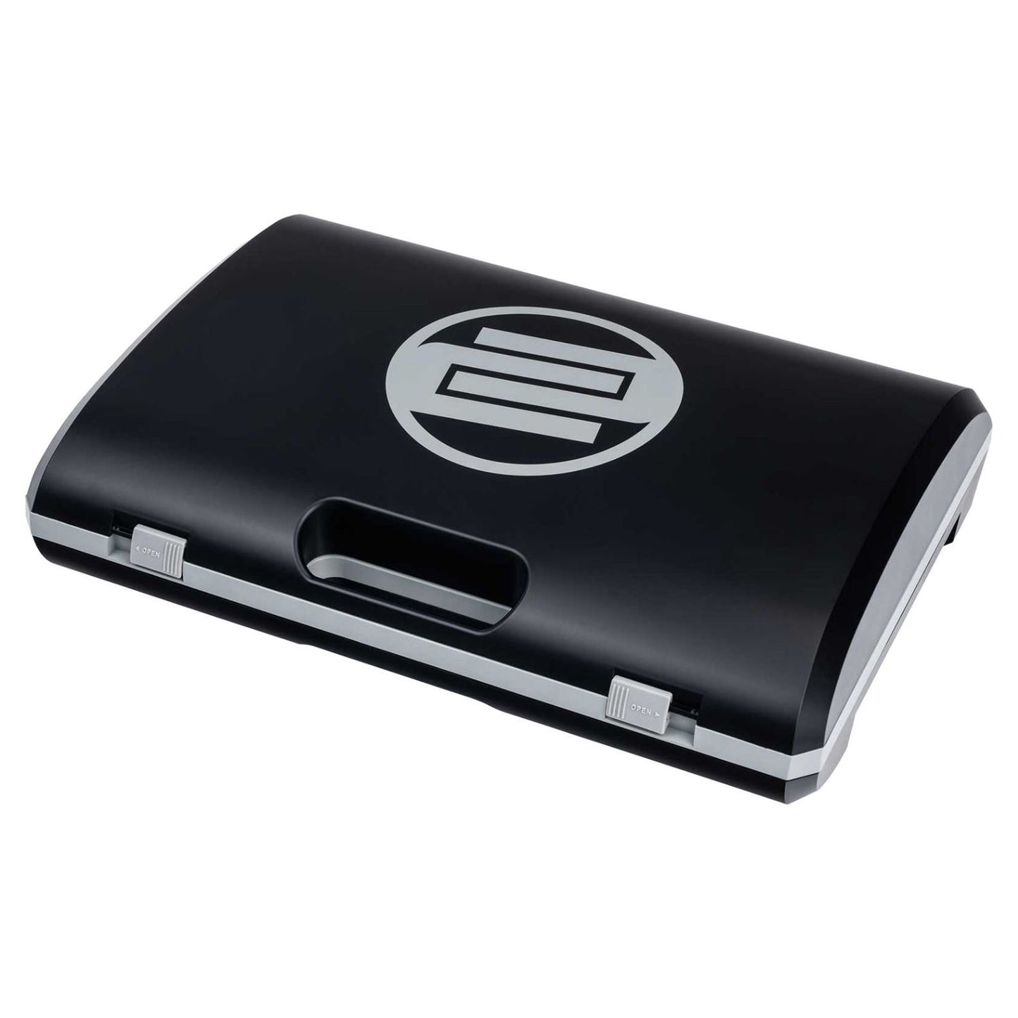 Angled view of Reloop SPiN Portable Turntable System with lid attached on white background
