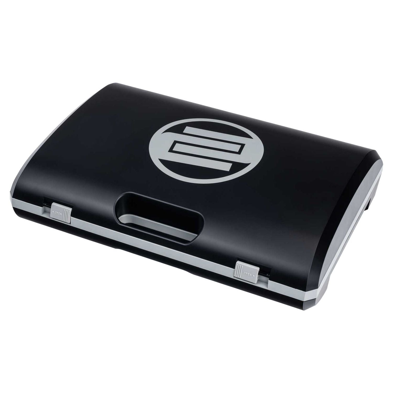 Angled view of Reloop SPiN Portable Turntable System with lid attached on white background