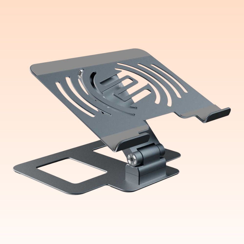 Angled front view of Reloop Stand Hub Pro 10-in-1 Multimedia USB-C Docking Stand on orange background