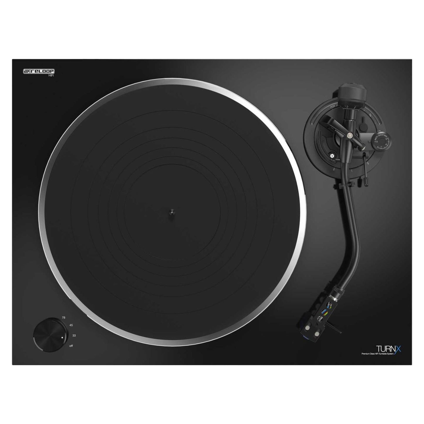 Front view of Reloop TURN X Premium Class HiFi Turntable on white background