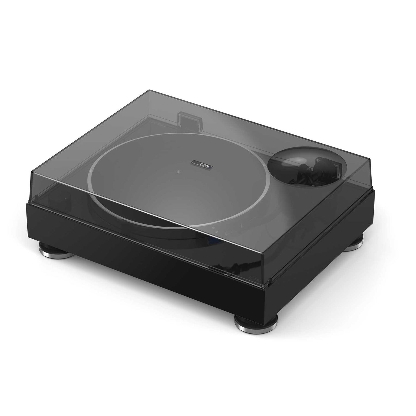 Angled view of Reloop TURN X Premium Class HiFi Turntable with lid on top on white background