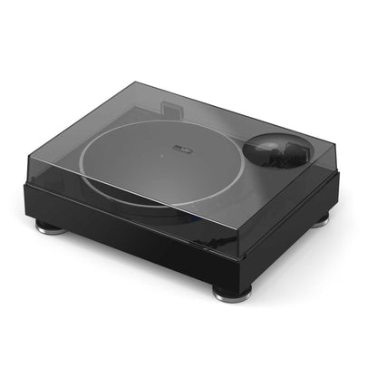 Angled view of Reloop TURN X Premium Class HiFi Turntable with lid on top on white background