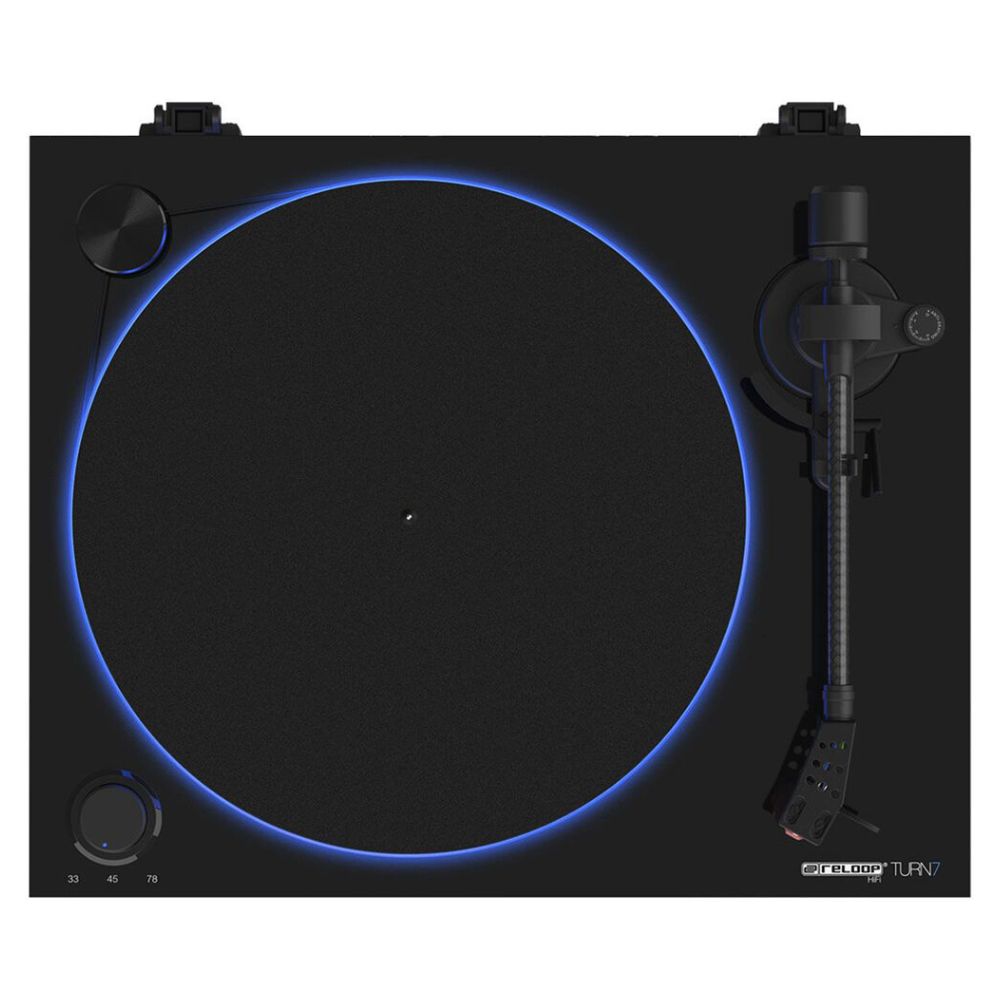 Front view of Reloop Turn 7 Premium Belt Drive USB Turntable System on white background