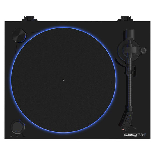 Front view of Reloop Turn 7 Premium Belt Drive USB Turntable System on white background