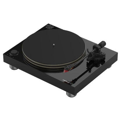 Angled view of Reloop Turn 7 Premium Belt Drive USB Turntable System on white background