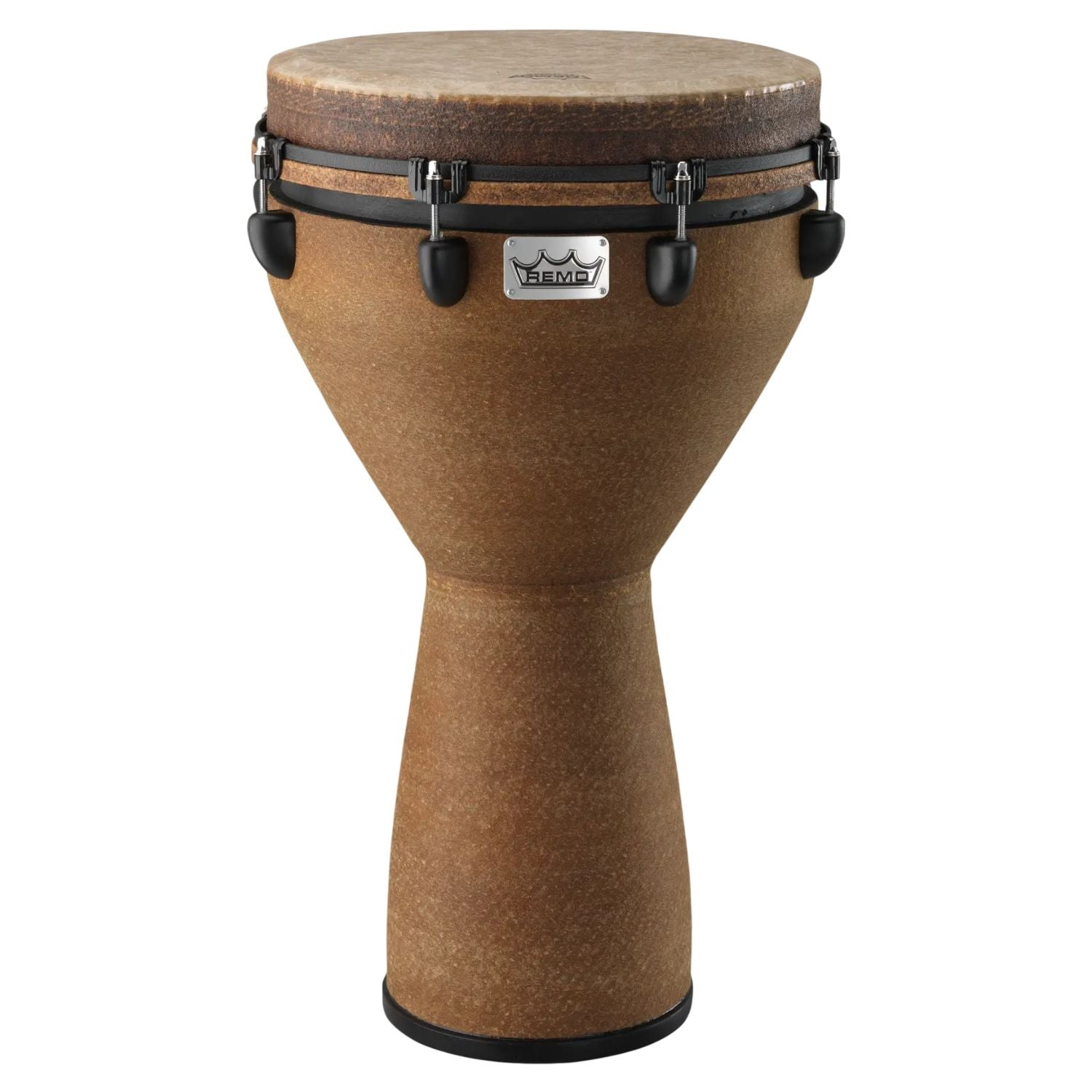 Front view of Remo Mondo 14″ Djembe Drum (Earth Finish) on white background