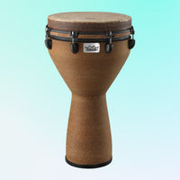 Front view of Remo Mondo 14″ Djembe Drum (Earth Finish) on blue background
