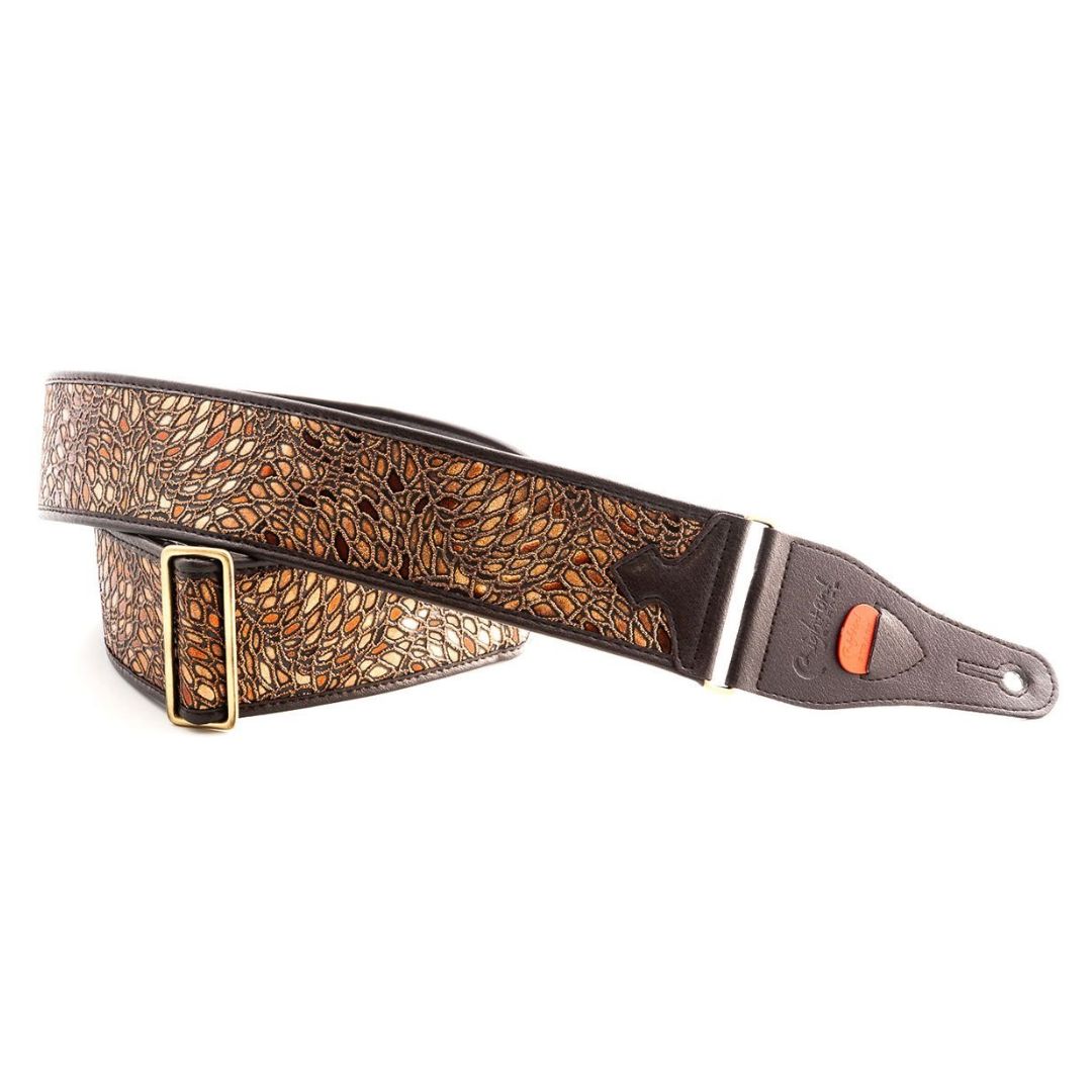 Curled view of RightOn Alien Guitar Strap Brown on white background
