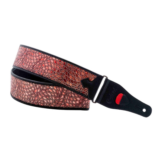 Curled view of RightOn Alien Guitar Strap Red on white background