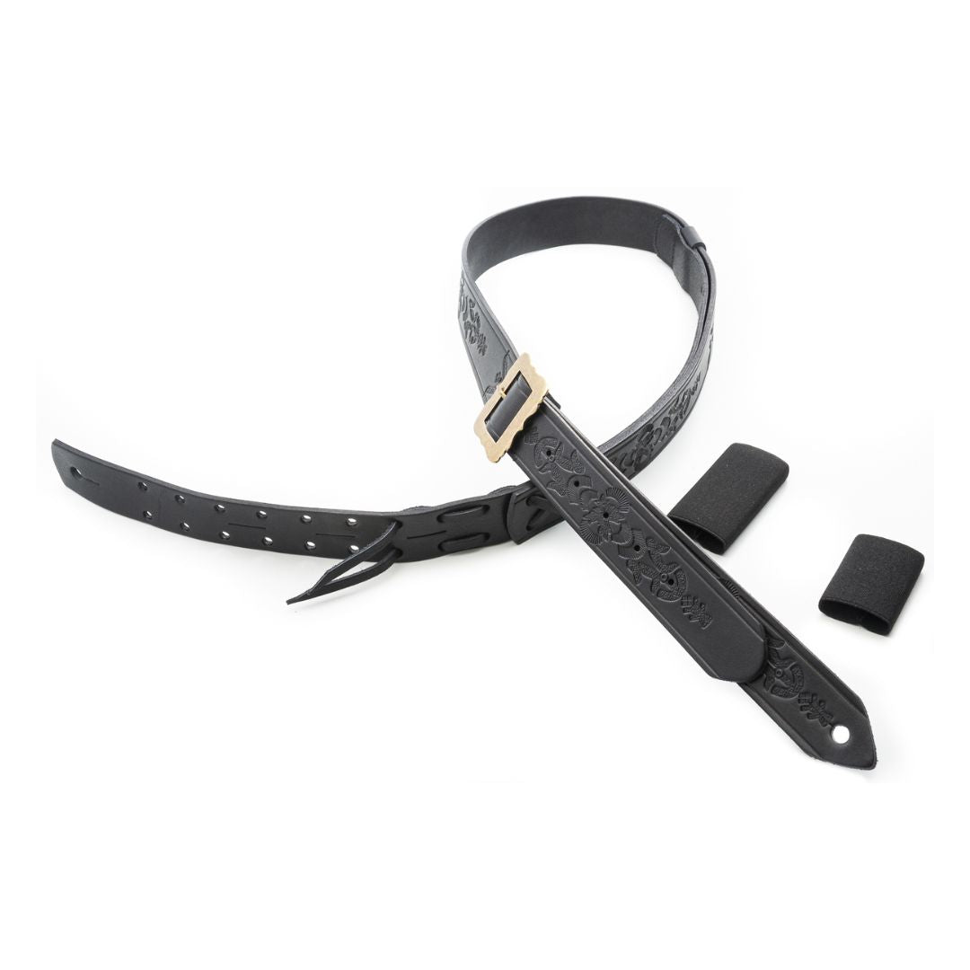 Top view of RightOn Legend BM Bohemian Guitar Strap with elastic slide holders on white background