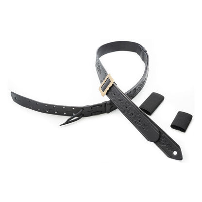 Top view of RightOn Legend BM Bohemian Guitar Strap with elastic slide holders on white background
