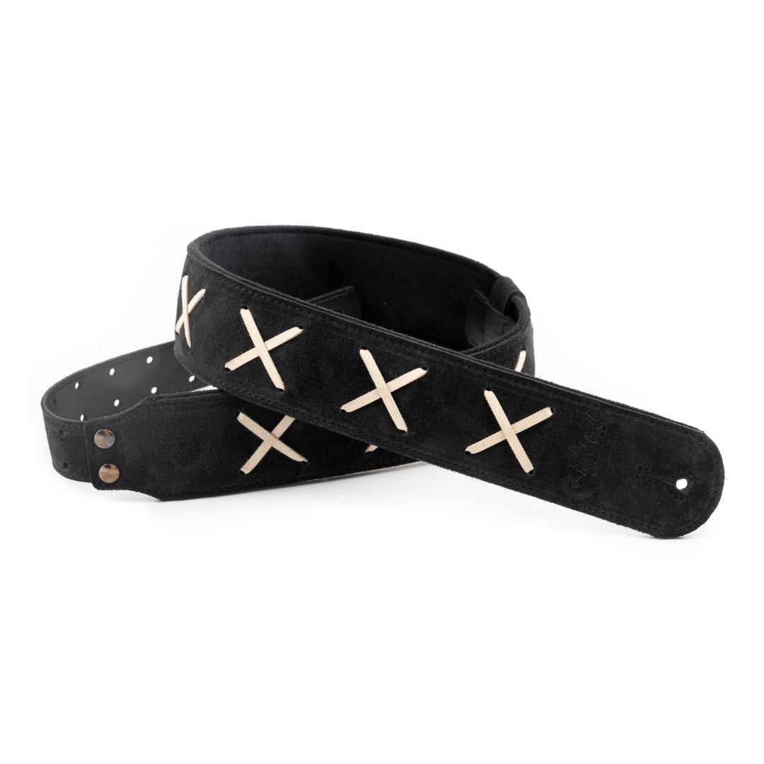 Curled view of RightOn Legend D.G. Guitar Strap Black on white background