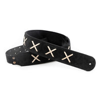 Curled view of RightOn Legend D.G. Guitar Strap Black on white background