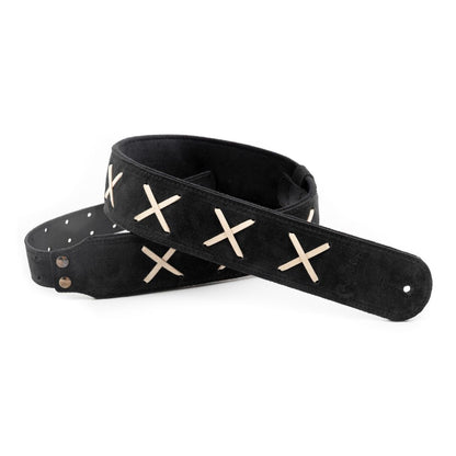 Curled view of RightOn Legend D.G. Guitar Strap Black on white background