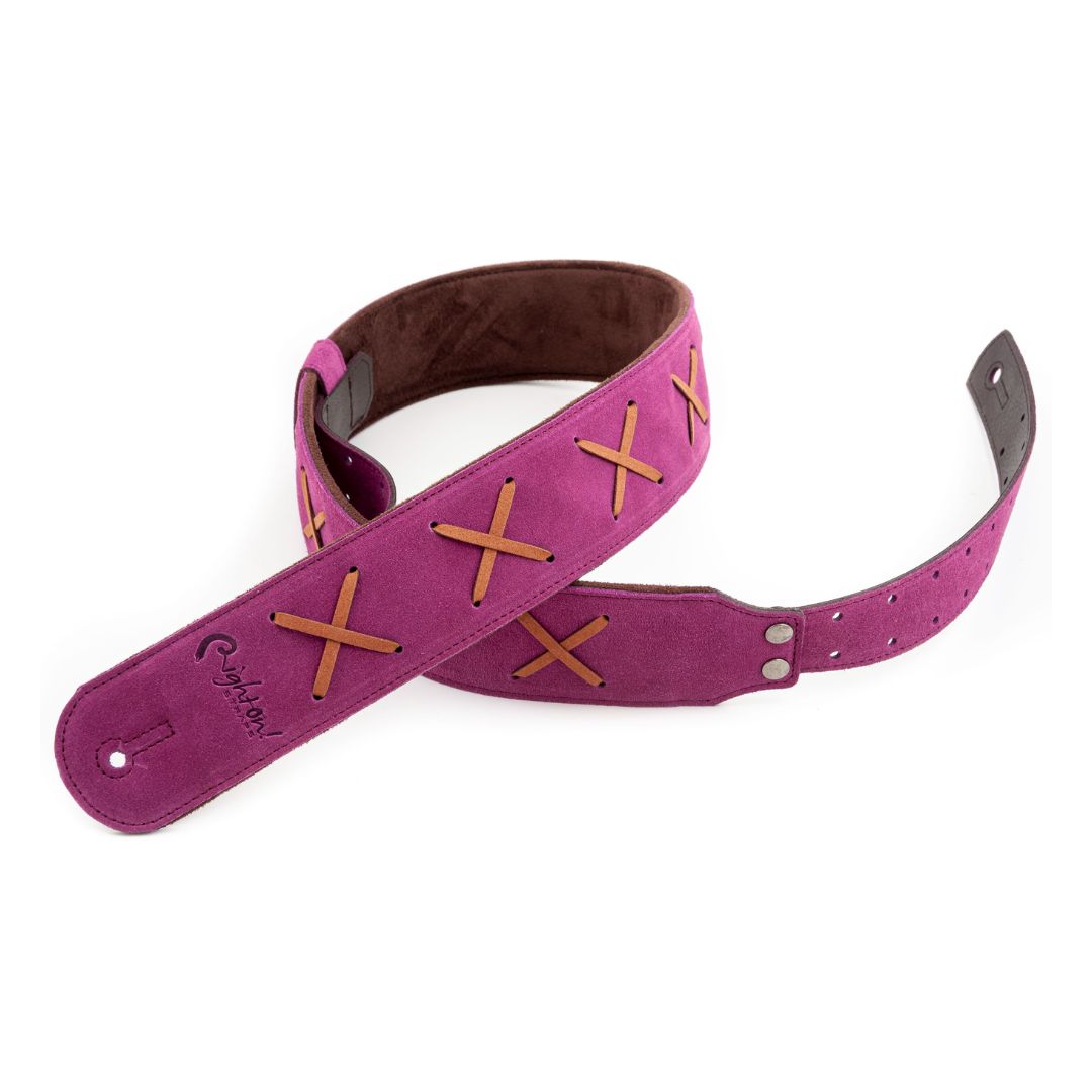 Front view of RightOn Legend D.G. Guitar Strap Purple on white background