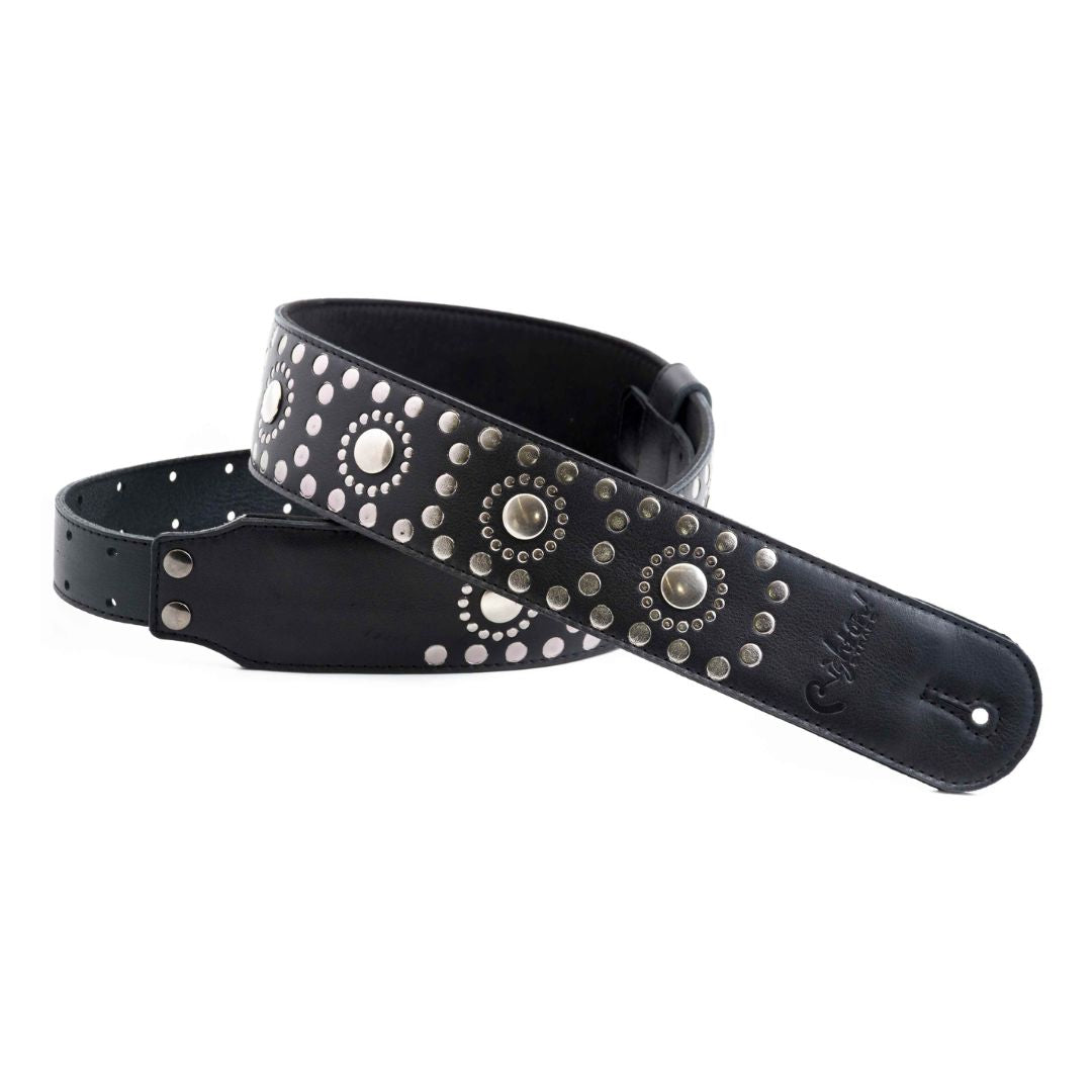 Curled view of RightOn Legend Thunderstruck Guitar Strap on white background