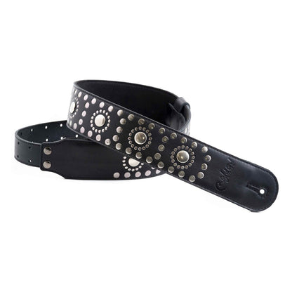 Curled view of RightOn Legend Thunderstruck Guitar Strap on white background