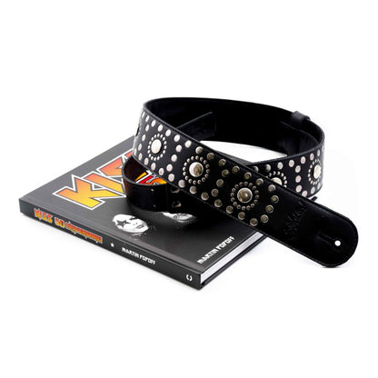 RightOn Legend Thunderstruck Guitar Strap on top of KISS book on white background