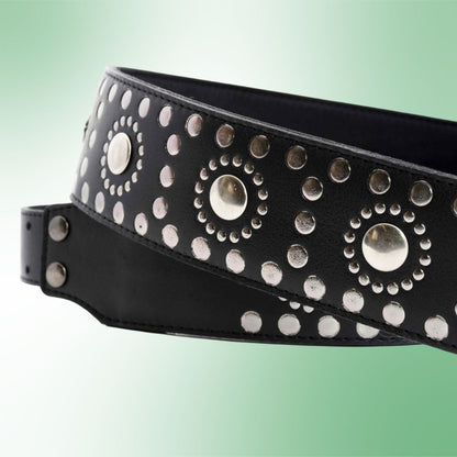 Close up view of RightOn Legend Thunderstruck Guitar Strap on green background