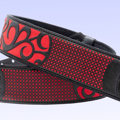 Close up view of RightOn Nashville Guitar Strap Red on lilac background