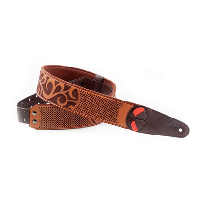 Curled view of RightOn Nashville Guitar Strap Light Brown on white background