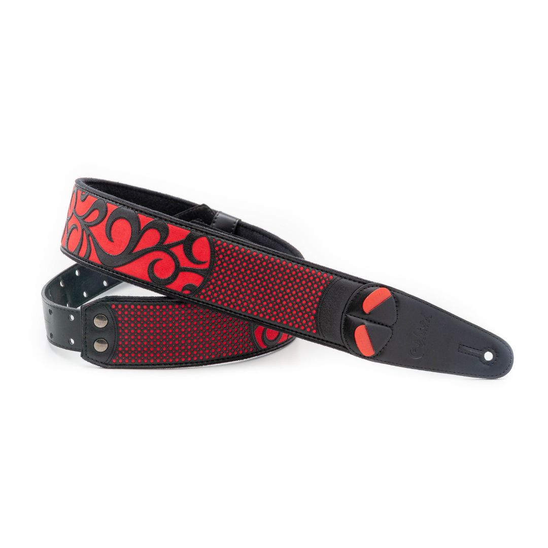 Curled view of RightOn Nashville Guitar Strap Red on white background