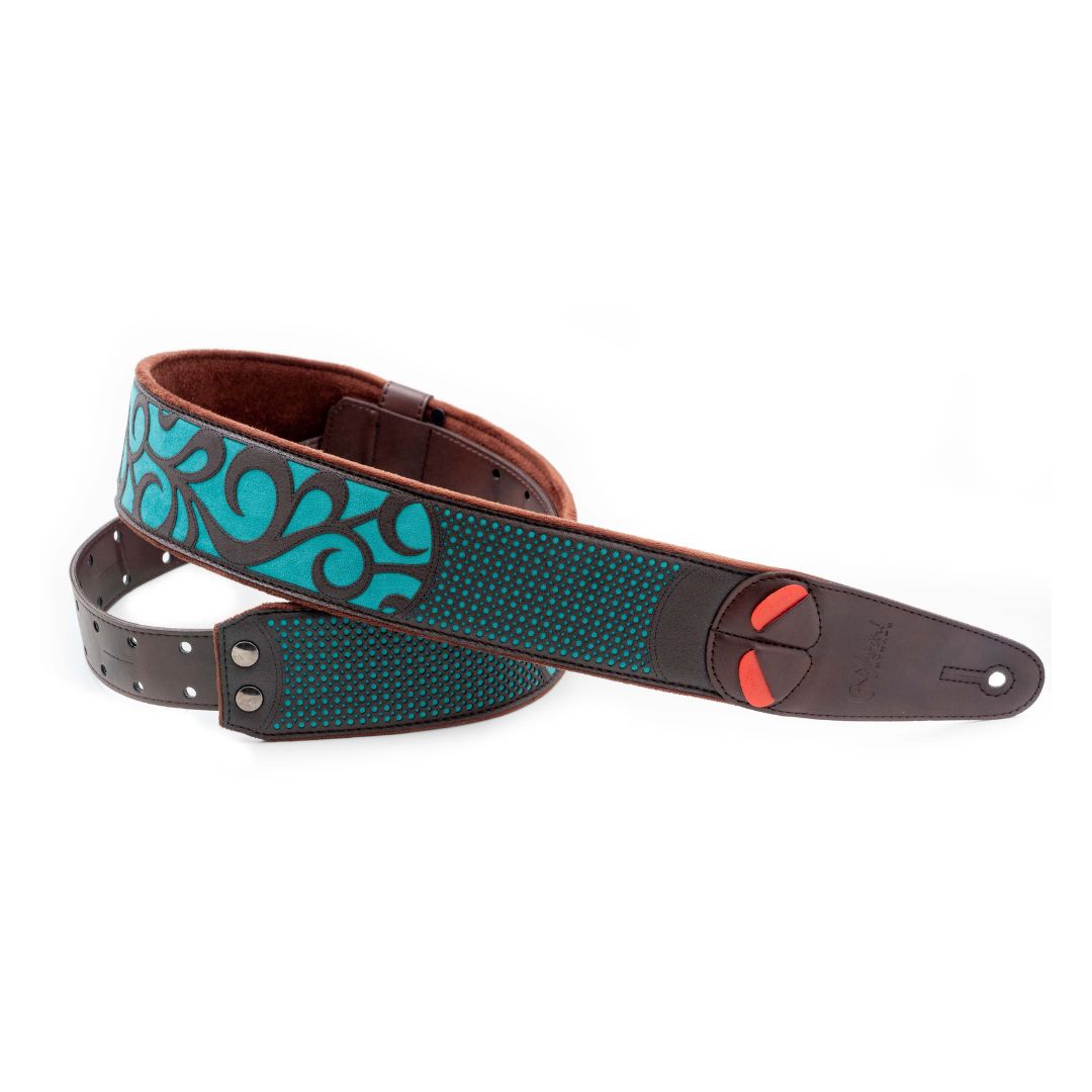 Curled view of RightOn Nashville Guitar Strap Teal on white background