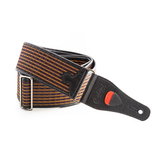 Curled view of RightOn Oxblood II Guitar Strap on white background